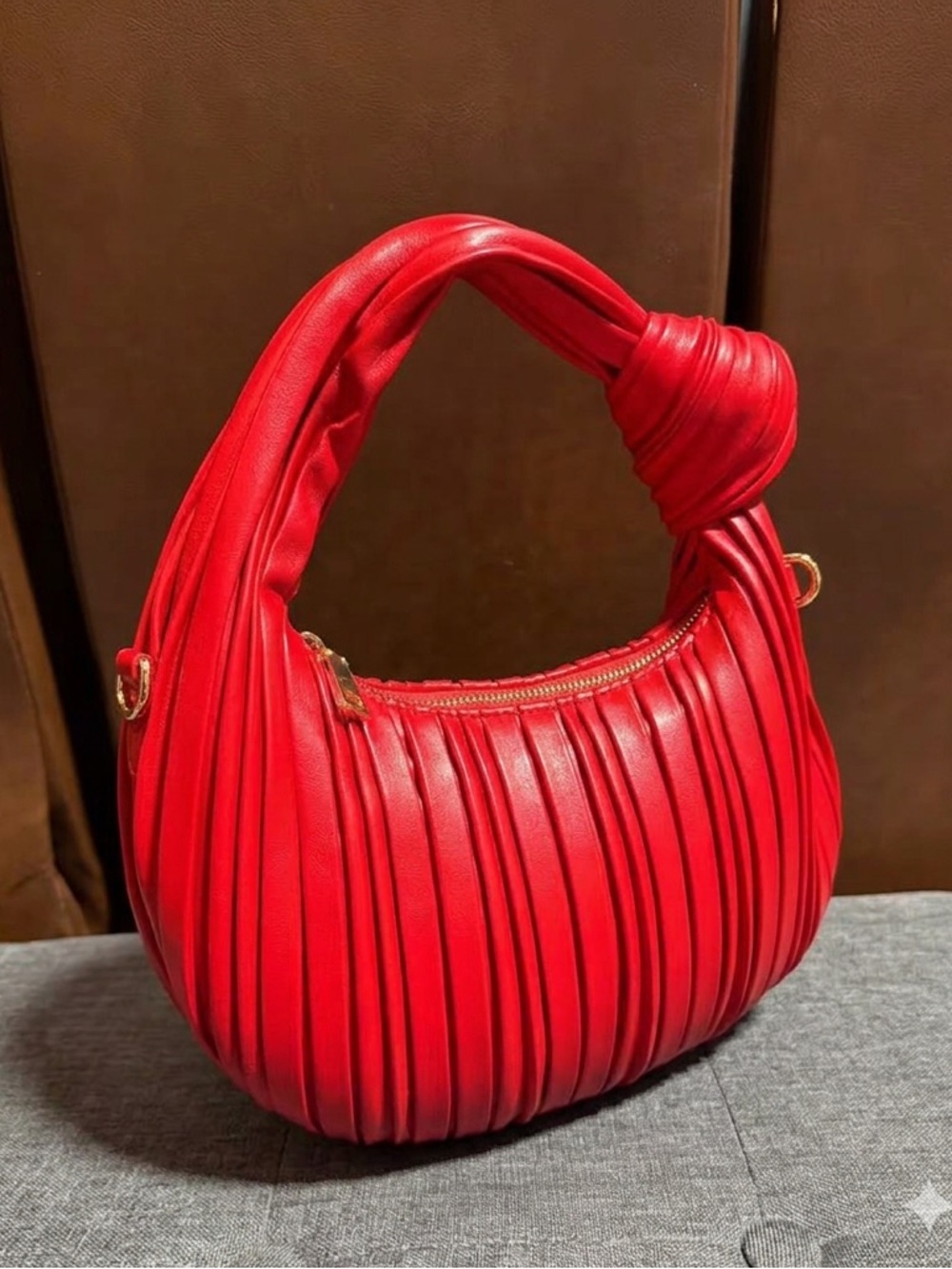 Kelly and Katie bags ruched," "vegan leather," and "knotted handle"